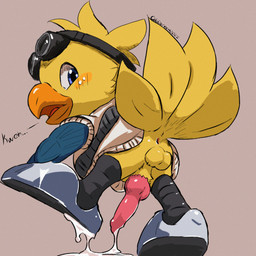 after_orgasm animal_genitalia animal_penis anus balls beak blush bodily_fluids bottomless butt canine_genitalia canine_penis clothed clothing cum cum_drip cum_on_feet cum_on_penis cum_string dripping erection feathers feet feral genital_fluids genitals knot knotted_penis looking_at_viewer looking_back looking_down male mismatched_animal_penis mismatched_genitalia mismatched_penis open_beak open_mouth partially_clothed penis raised_leg rear_view solo tail topwear yellow_body yellow_feathers young young_feral young_male oddscreen final_fantasy final_fantasy_xiv final_fantasy_xiv:_stormblood square_enix alpha_(ffxiv) avian chocobo 1:1