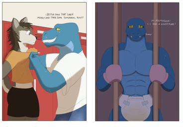 ageplay anthro bodily_fluids bottomwear bullying clothed clothing crib crying denim denim_bottomwear denim_clothing dialogue diaper diaper_peekage diaper_under_clothing duo genital_fluids handwear infantilism jeans locker looking_at_viewer male mittens muscular pants roleplay scared shirt_grab smile sudden tears text unclean_diaper urine used_diaper wearing_diaper wet_diaper wetting steelshark canid canine canis dinosaur mammal prehistoric_species reptile scalie theropod tyrannosaurid tyrannosauroid tyrannosaurus tyrannosaurus_rex wolf absurd_res english_text hi_res