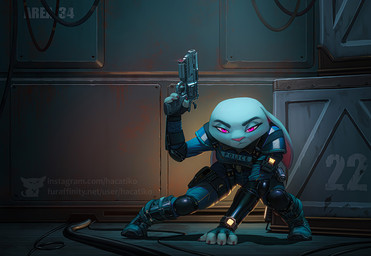 anthro biped blue_clothing box breasts clock clothed clothing container crate crouching cyberpunk detailed_background eyebrows female fully_clothed fur grey_body grey_fur gun handgun pink_eyes pink_nose police police_uniform ranged_weapon science_fiction solo text three-point_landing uniform watch weapon wristwatch hacatiko disney zootopia judy_hopps lagomorph leporid mammal rabbit 2021 digital_media_(artwork) url