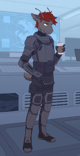 4_fingers antennae_(anatomy) anthro armor beverage clothed clothing coffee computer electronics fingers grey_body grey_clothing hair holding_object inside male plantigrade red_hair short_hair small_tail solo spacesuit tail yellow_eyes volcanins alien full-length_portrait hi_res portrait