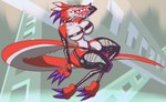 anthro belt big_claws big_feet big_hands bodily_fluids breasts buckle claws clothing drooling fangs feet female leather leather_clothing long_tail saliva scar sitting small_waist smile solo tail teeth tongue tongue_out toonvasion bandai_namco digimon digimon_(species) fangmon hi_res