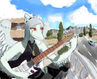amber_eyes anthro balcony black_bottomwear black_clothing black_jeans black_pants bottomwear clothed clothed_anthro clothing denim denim_bottomwear denim_clothing detailed_background elbow_feathers electric_guitar eyelashes eyeliner feathered_wings feathers female fingers grey_body grey_hair grey_scales guitar guitar_pick hair halter_top jeans jewelry long_hair makeup musical_instrument necklace outside pants playing_guitar playing_music plucked_string_instrument scales sitting snout solo string_instrument torn_bottomwear torn_clothing torn_jeans torn_pants wings no2r0066 cavemanon_studios goodbye_volcano_high ko_op_(game_developer) snoot_game fang_(gvh) prehistoric_species pterosaur reptile scalie 2023 digital_drawing_(artwork) digital_media_(artwork) hi_res nonbinary_(lore)