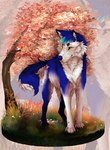 blue_body blue_fur blue_nose feral fur grass male plant solo tattoo tree white_body white_fur yellow_eyes liker98 basian canid canine canis mammal wolf hi_res