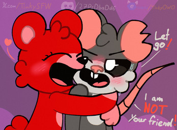 angry anthro blush blush_lines bodily_fluids duo ear_markings ears_up eyes_closed female fluffy heart_symbol hug male markings one_eye_closed paws rat_tail smile sweat sweatdrop tail teeth text tongue tinky mob_entertainment nightmare_critters poppy_playtime smiling_critters bobby_bearhug touille_(poppy_playtime) bear critters_(poppy_playtime) mammal murid murine rat rodent hi_res url