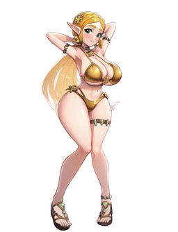 accessory armlet big_breasts bikini blonde_hair blush breasts choker clothing collarbone eyebrows eyelashes feet female flower flower_in_hair footwear glistening glistening_body glistening_breasts glistening_skin gold_bikini green_eyes hair hair_accessory hands_behind_head humanoid_pointy_ears jewelry navel necklace not_furry plant pointy_ears sandals shoes solo swimwear thick_thighs thighlet two-piece_swimsuit wide_hips gonzarez1938 nintendo the_legend_of_zelda princess_zelda humanoid hylian 2026 hi_res