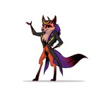 anthro bedroom_eyes digitigrade fancy_clothing fur hair male narrowed_eyes orange_body orange_fur purple_body purple_fur purple_hair seductive simple_background solo white_background jim_stigall_(artist) creative_kingdoms great_wolf_lodge canid canine fox mammal