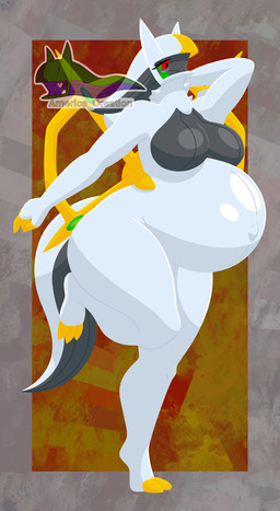 anthro belly big_belly blush breasts clothing female gold_accessory golden_claws multicolored_body nude on_one_leg pregnant pregnant_female raised_arm raised_leg red_eyes simple_background smile solo standing tail text white_body arceus_tummy nintendo pokemon arceus equid equine generation_4_pokemon horse legendary_pokemon mammal pokemon_(species) absurd_res hi_res lineless