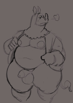 annoyed anthro balls big_balls bodily_fluids bottomless clothed clothing flaccid foreskin genitals humanoid_genitalia humanoid_penis looking_away male moobs musclegut muscular nude open_clothing open_topwear penis solo steam_from_nostrils sweat sweatdrop thick_thighs topwear undressing_self dusty-pixels disney robin_hood_(disney) rhino_guard mammal rhinoceros absurd_res hi_res monochrome sketch