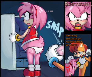 anthro appliance belly brown_body brown_fur camera clothing dress duo female fridge fur gloves hair handwear inside kitchen_appliance overweight panties pink_body red_clothing red_dress red_hair underwear gummyfruitcup sega sonic_the_hedgehog_(series) amy_rose sally_acorn eulipotyphlan hedgehog mammal rodent sciurid 2025 hi_res
