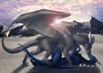 blue_body blue_skin day detailed_background duo feral horn lying membrane_(anatomy) membranous_wings on_back outside spines standing tail wings jewel-thief european_mythology mythology dragon mythological_creature mythological_scalie scalie western_dragon digital_media_(artwork) hi_res