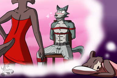 abs anthro arms_tied athletic athletic_anthro athletic_male bdsm belt black_nose blush bondage bottomwear bound chair clothed clothing dominant dominant_female dream dress duo fangs fantasizing female fur furniture gag gagged grey_body grey_fur legs_tied looking_at_another lying male male/female on_chair on_side pants pattern_bottomwear pattern_clothing pattern_pants pecs pip_focus red_clothing red_dress restraints rope rope_bondage shaking sitting sitting_on_chair sleeping striped_bottomwear striped_clothing striped_pants stripes submissive submissive_male teasing teeth tied_to_chair topless topless_male trembling jde10 beastars juno_(beastars) legoshi_(beastars) canid canine canis mammal wolf 2021 digital_media_(artwork) picture_in_picture signature