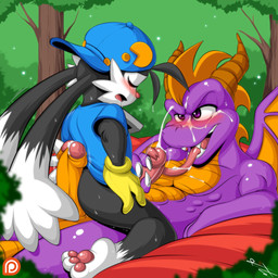 3_toes anthro anthro_on_anthro anthrofied backwards_baseball_cap backwards_hat baseball_cap black_body black_fur blue_clothing blue_headwear blue_topwear blush bodily_fluids bottomless claws clothed clothing crossover_ship cum cum_on_face cum_on_penis cum_on_tongue cumshot drooling duo ejaculation eyes_closed fangs feet foreskin forest fur genital_fluids genitals gloves grinding handjob handwear hat headgear headwear humanoid_genitalia humanoid_penis larger_male long_tongue looking_up lying male male/male nude orange_body orange_scales orgasm outside outside_sex pawpads penile penis pink_pawpads plant purple_body purple_eyes purple_scales red_penis saliva scales sex shirt size_difference smaller_male spread_legs spreading straddling sweat t-shirt teeth toes tongue topwear tree white_body white_claws white_fur yellow_body yellow_scales euyoshi89 activision bandai_namco klonoa_(series) mythology spyro_the_dragon klonoa spyro domestic_cat dragon felid feline felis mammal mythological_creature mythological_scalie scalie 1:1 crossover
