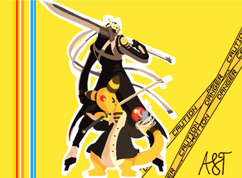 biped clothed clothing dipstick_tail duo feral holding_melee_weapon holding_object holding_weapon katana long_tail looking_at_viewer male markings melee_weapon red_tail_tip simple_background standing sword tail tail_markings text weapon yellow_background yellow_body yellow_skin yellow_tail fulgito_ast atlus megami_tensei nintendo persona_(series) persona_4 pokemon sega yu_narukami ampharos generation_2_pokemon pokemon_(species) 2025 artist_name hi_res