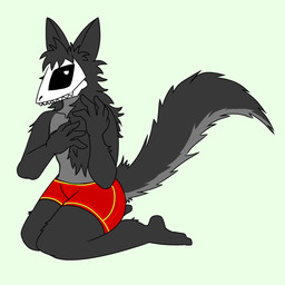 anthro black_body black_eyes black_fur bone bone_mask clothing feet fur hair humanoid_feet humanoid_hands long_hair male mask plantigrade skull skull_head skull_mask solo underwear crypurple paul_(crypurple) skulldog_(species) 1:1 hi_res
