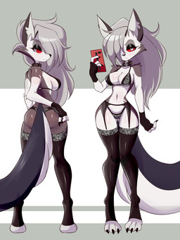 anthro belly blush bra breasts butt butt_from_the_front butt_pose cellphone cheek_tuft cleavage clothed clothing collar countershading digitigrade ear_piercing ear_ring electronics eyelashes facial_tuft female fingerless_gloves frown fur garter_belt garter_straps gloves grey_body grey_fur hair hair_over_eye handwear holding_cellphone holding_object holding_phone knock-kneed legwear lingerie looking_back multiple_angles navel notched_ear one_eye_obstructed panties phone piercing pose ring_piercing side_boob small_waist smartphone solo standing stockings thigh_gap tuft underwear white_belly white_body white_countershading wide_hips lucyfercomic hellaverse helluva_boss mythology loona_(helluva_boss) canid canid_demon canine demon hellhound mammal mythological_canine mythological_creature absurd_res hi_res