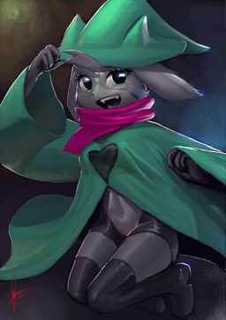 abstract_background anthro boots breasts clothed clothing crossgender eyelashes eyewear female floppy_ears footwear glasses hat headgear headwear heart_symbol legwear looking_at_viewer mtf_crossgender navel open_mouth open_smile robe scarf shoes small_breasts smile solo teeth thigh_boots thigh_highs adry53 deltarune undertale_(series) ralsei bovid caprine darkner goat mammal 2018 absurd_res hi_res signature