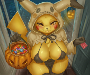 anthro bedroom_eyes big_breasts blush breasts clothed clothing cosplay eyelashes female female_anthro glistening_eyelids long_eyelashes narrowed_eyes nipple_outline partially_clothed seductive shortstack solo pontiff_s nintendo pokemon generation_1_pokemon pikachu pokemon_(species) hi_res