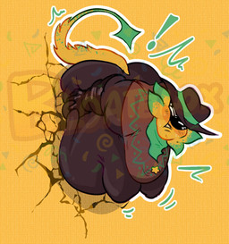 bloated bodily_fluids breasts brown_clothing brown_gloves brown_handwear brown_hat brown_headwear cheek_bulge clothing cowboy cowboy_hat cracked_wall frustrated gloves handwear hat headgear headwear male overweight overweight_male poncho shadowed_eyes simple_background solo sweat sweatdrop tail through_wall yellow_background yellow_body yellow_tail bloatblox undertale_(series) undertale_yellow starlo_(undertale_yellow) humanoid hi_res