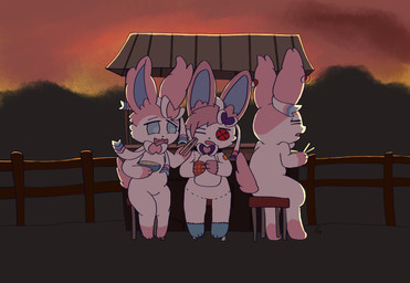 bowl button_(fastener) button_eyes chair chopsticks container fence furniture group heart_eyes heart_symbol mountain patched plushie ramen_shop trio shinderesu_dakusouro nintendo pokemon rite_(pyonko) sawara_(pyonko) shinde_daku animate_inanimate eeveelution generation_6_pokemon living_plushie pokemon_(species) sylveon absurd_res digital_drawing_(artwork) digital_media_(artwork) hi_res