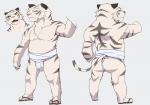 anthro asian_clothing belly bottomwear butt clothed clothing east_asian_clothing footwear front_view fundoshi fur green_eyes japanese_clothing male male_anthro rear_view sandals shoes simple_background slightly_chubby solo topless underwear underwear_only white_background white_body white_bottomwear white_clothing white_fur gku oedo_hikeshi_zue kohaku_(oedo_hikeshi_zue) felid mammal pantherine tiger 2013 full-length_portrait portrait