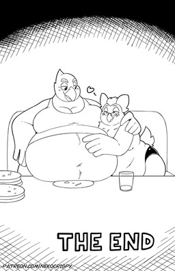 anthro arm_around_shoulders beak belly belly_overhang big_belly black_line_art bloated blush blush_lines closed_smile clothed clothing container crumbs cup deep_navel duo eyewear feathers fingers furniture glass glass_container glass_cup glasses half-closed_eyes hand_on_belly heart_reaction heart_symbol huge_belly male male/male moobs mouth_closed narrowed_eyes navel obese obese_anthro obese_male one_eye_closed open_mouth open_smile overweight overweight_anthro overweight_male plate pupils round_glasses shirt short_tail sitting smile speedo swimwear table tail tail_feathers tank_top text thick_thighs tongue topwear wearing_glasses nekocrispy andy_(nekocrispy) oliver_(nekocrispy) avian bird 2021 black_and_white comic digital_media_(artwork) end_page english_text hi_res monochrome url