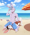 5_fingers anthro beach blue_bottomwear blue_clothing blue_shorts blush bottomwear bulge bulge_in_face clothed clothing cloud duo fingers fur looking_at_another looking_at_partner male male/male sand sea seaside shorts shorts_only sky swimming_trunks swimwear topless water white_body white_fur tommysamash aggretsuko netflix sanrio tadano_(aggretsuko) asinus donkey equid equine lagomorph leporid mammal rabbit 2023 absurd_res digital_media_(artwork) hi_res