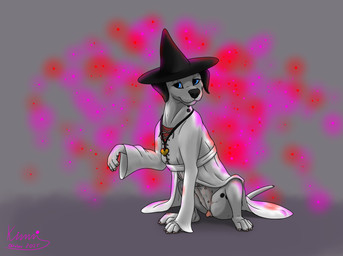 animal_genitalia animal_vulva belt black_body black_fur black_nose blue_eyes bottomless canine_genitalia canine_vulva casual_exposure clothed clothing female feral floppy_ears fur genitals glowing glowing_eyes hat headgear headwear heart_necklace jewelry magic_user markings multi_nipple necklace nipples open_clothing open_robe pawpads paws pink_light pink_nipples pink_pawpads pink_vulva raised_paw red_light red_undershirt robe shirt sitting solo spots spotted_body spotted_fur spread_legs spreading topwear undershirt vulva white_body white_clothing white_fur white_robe witch witch_hat kinaj tamara_(kinaj) bird_dog canid canine canis dalmatian domestic_dog hunting_dog labrador mammal mixed_breed retriever hi_res
