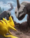 absurd_res ambiguous_gender battle butt-berry cloud day detailed_background duo electricity eye_contact generation_1_pokemon hi_res looking_at_another nintendo onix pikachu plant pokemon pokemon_(species) rock signature size_difference tree