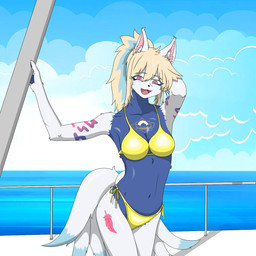 9_tails anthro bikini boat chest_tattoo clothing female green_mercenary_(artist) multi_tail sea smile solo swimwear tail tattoo two-piece_swimsuit vehicle water watercraft aewolnan canid canine fox fox_spirit mammal 1:1 hi_res