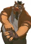 anthro belly bottomwear brown_body brown_fur clothing eye_patch eyewear fingerless_gloves fur gloves handwear humanoid_hands male overweight overweight_anthro overweight_male pants scarf shirt simple_background solo topwear tusks white_background motogen mammal suid suina sus_(pig) wild_boar 2017