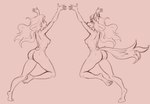 5_fingers anthro breasts butt duo feet female fingers hair humanoid_feet long_hair nipples plantigrade simple_background toes alcorart conditional_dnp canid canine human mammal 2024 digital_media_(artwork) hi_res sketch