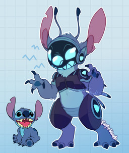 4_fingers 4_toes antennae_(anatomy) arm_tuft back_spines blue_background blue_body blue_fur blue_pawpads chest_tuft claws dipstick_antennae elbow_tuft feet finger_claws fingers fur geometric_background gradient_background grid_background head_tuft machine multicolored_antennae notched_ear outline pattern_background pawpads screen screen_face simple_background standing text toe_claws toes tuft kefirvorob disney lilo_and_stitch stitch_(lilo_and_stitch) alien experiment_(lilo_and_stitch) protogen 2024 artist_name digital_drawing_(artwork) digital_media_(artwork) hi_res watermark