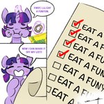 1:1 chewing comic dialogue eating equid equine eyes_closed female friendship_is_magic funyuns hair hasbro hi_res horn horse list magic mammal mane my_little_pony mythological_creature mythological_equine mythology paper pony purple_body purple_hair purple_mane simple_background solo speech_bubble text tuskonline twilight_sparkle_(mlp) unicorn white_background