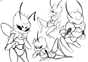 ambiguous_gender antennae_(anatomy) arthropod_abdomen insect_wings long_legs lying multiple_poses neck_tuft on_side pose simple_background thinking tuft white_background wings hoshi_kodomo hollow_knight_(franchise) team_cherry amberfly_(hoshikodomo) fan_character arthropod bee hymenopteran insect 2025 monochrome pinup sketch