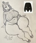 anthro belly big_belly big_breasts biped black_clothing black_sweater black_topwear breasts bulging_breasts clothing curvy_figure ear_barbell ear_piercing female hair hooves lips looking_at_viewer narrowed_eyes navel_outline nipple_outline overweight piercing short_hair sitting smile smiling_at_viewer solo sweater text thick_bottom_lip thick_thighs tied_hair topwear voluptuous wide_hips haibet chorisa equid equine hybrid mammal mule 2024 artist_name hi_res traditional_media_(artwork)