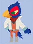 anthro beak belt blue_background blue_body blue_feathers boots bottomwear clothed clothing coat feathers footwear fully_clothed green_eyes grey_boots grey_clothing grey_footwear kerchief male pants red_body red_bottomwear red_clothing red_feathers red_pants red_shirt red_topwear shirt shoes simple_background solo topwear white_clothing white_coat white_topwear thegreatmatsutzu night_in_the_woods nintendo star_fox falco_lombardi avian bird