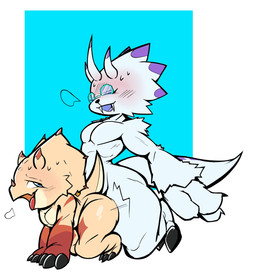 all_fours anal anthro breath butt doggystyle duo eyewear from_behind_position glasses horn male male/male male_penetrated male_penetrating male_penetrating_male motion_lines open_mouth panting pecs penetration sex thrusting cosmix bandai_namco digimon digimon_(species) gammamon scalie hi_res