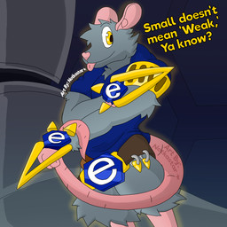 ambiguous_gender anthro belt big_belt big_belt_buckle bottomwear claw_(weapon) clothing detailed_background dialogue fur grey_body grey_fur happy hoodie hotpants katar melee_weapon pose shorts smile solo text tongue tongue_out topwear weapon conditional_dnp notkastar e621 mammal murid murine rat rodent english_text signature