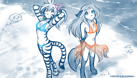anthro bikini biped breasts claws clothed clothed_anthro clothed_female clothing duo feet female fingers front_view fur hair looking_at_viewer markings navel outside smile standing striped_body striped_fur striped_markings striped_tail stripes swimwear tail tail_markings toes two-piece_swimsuit conditional_dnp tom_fischbach twokinds flora_(twokinds) laura_(twokinds) keidran 2026 7:4 digital_drawing_(artwork) digital_media_(artwork) hi_res