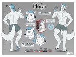 clothing male muscular muscular_male solo tail text uniform shoes_(artist) phelan_(character) canid canine canis mammal wolf absurd_res english_text hi_res model_sheet