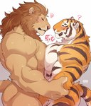 anthro blush bodily_fluids butt duo frottage fur male male/male mane muscular muscular_anthro muscular_male nude pec_frottage pecs pecs_frottage penile sex side_view smile striped_body striped_fur stripes sweat whiskers giraffe_(artist) lam-chan lion-san felid lion mammal pantherine tiger hi_res