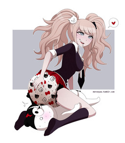 anthro black_body blonde_hair blue_eyes blush bodily_fluids bottomwear clothing diaper drooling duo facesitting feces female footwear hair knee_highs knee_socks kneeling legwear looking_back male miniskirt multicolored_body pigtails saliva simple_background sitting_on_another skirt smile socks soiled_diaper soiling split_color text two_tone_body unclean_diaper used_diaper white_body merunyaa danganronpa danganronpa:_trigger_happy_havoc spike_chunsoft junko_enoshima monokuma bear human mammal digital_media_(artwork) url
