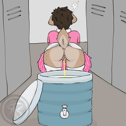 anthro anus bodily_fluids bottomwear butt cheerleader cheerleader_outfit clothed clothing container desperation female genital_fluids genitals heart_symbol improvised_toilet locker locker_room no_underwear pee_desperation peeing peeing_into_container pom_poms raised_bottomwear raised_clothing raised_skirt raised_tail simple_background skirt solo tail upskirt urine urine_as_food vulva water_cooler watersports sweetcreamtea ghost spirit unknown_species 1:1 hi_res