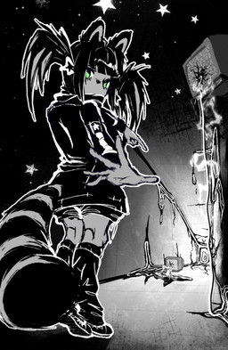anthro clothed clothing female fur green_eyes hair looking_at_viewer solo star tail chuchodraws roxanne_(chuchodraws) canid canine mammal raccoon_dog tanuki absurd_res black_and_white digital_media_(artwork) hi_res monochrome