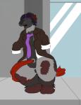 anthro canid canine canis clothed clothing cock_transformation female lugus mafia mammal outside sidewalk solo story story_in_description transformation wardrobe_malfunction window wolf