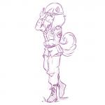 anthro clothed clothing female hat headgear headwear looking_at_viewer military_uniform side_view simple_background smile solo uniform white_background plagueofgripes misha_(colo) canid canine canis domestic_dog mammal 1:1 2016 hi_res monochrome purple_and_white sketch