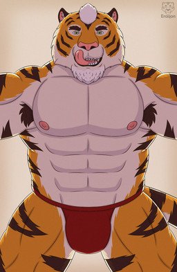anthro armpit_hair beard body_hair bulge clothing facial_hair fangs fur goatee green_eyes grin grinning_at_viewer inner_ear_fluff inside jockstrap licking looking_at_viewer male markings muscular muscular_anthro muscular_male nipples on_top orange_body orange_fur simple_background smile smiling_at_viewer snout snout_lick solo striped_body striped_fur striped_markings stripes teeth tongue tongue_out tuft underwear white_body white_fur eraqon nick_(eraqon) felid mammal pantherine tiger hi_res