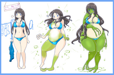 anthro barefoot base_one_layout basic_sequence belly big_belly biped black_hair blue_eyes blush breasts clothing clothing_store exclamation_point feet female hair human_to_anthro linear_sequence long_hair looking_at_viewer navel one_row_layout question_mark solo species_transformation store surprised swimwear three_frame_image three_frame_sequence transformation transformation_sequence weight_gain wide_hips izumi_(artist) amphibian frog human mammal 2015 sequence