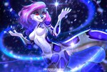 anthro blue_hair breasts female fur glowing grey_body grey_fur hair iridescent iridescent_fur iridescent_hair looking_up magic pink_hair purple_body purple_fur red_eyes small_breasts smile snow snowflake snowing solo sparkles kiliankuro sinclair_delcatte felid mammal pantherine snow_leopard