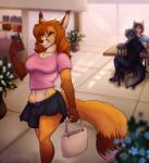 anthro bottomwear cellphone chair clothed clothing dipstick_tail ear_tuft electronics female flower furniture green_eyes group hair holding_object inside long_hair markings multicolored_tail navel phone plant purse shirt sitting skirt solo_focus standing table tail tail_markings topwear tuft white_tail_tip window shariea autumn_(praexon) canid canine canis fox mammal red_fox true_fox wolf hi_res